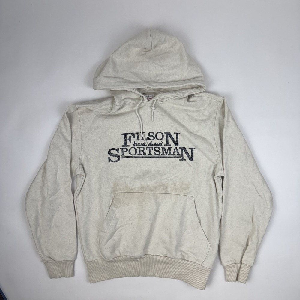 Mens Filson Prospector Sportsman Graphic Ivory Hoodie Sweatshirt Size Small GUC